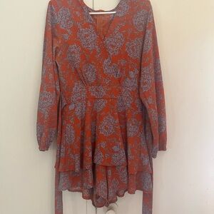 Chic Orange/blue Long sleeve sexy Floral Romper